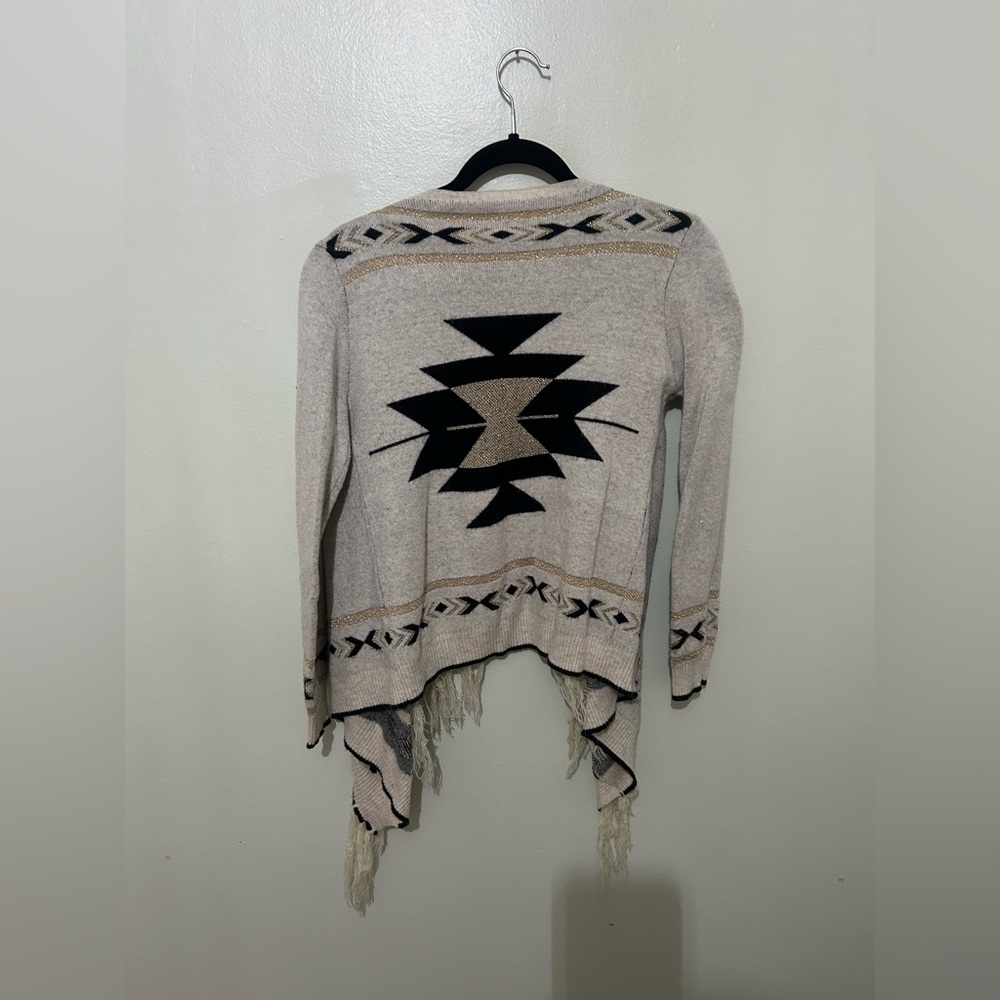 TEA N CUP | Beige and Black Fringed Cardigan with Metallic Knit Details - Picture 2 of 7